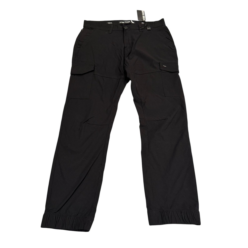 Stone Falcon Mens Slim Fit Cargo Track Pants Black Nylon Tapered Size 32